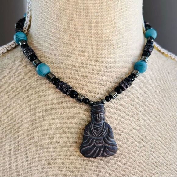 Buddha Beaded Black Puka Hematite Turquoise Howlite Unisex Choker Necklace - Picture 1 of 5